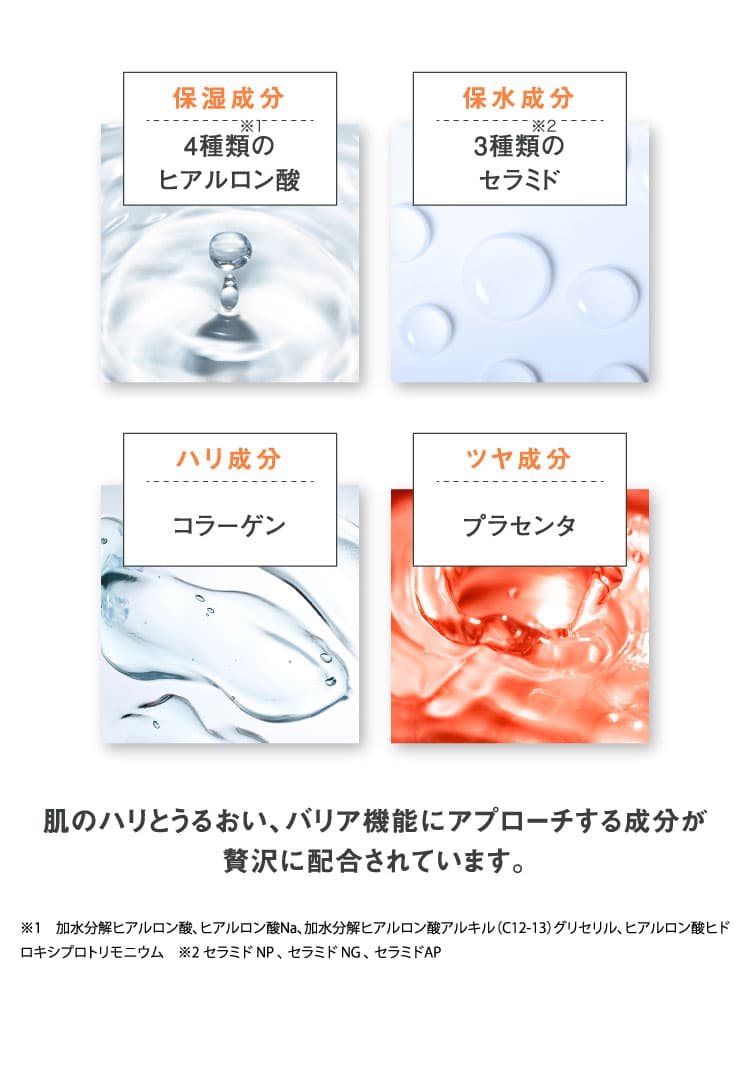 肌のハリとうるおい、バリア機能までも高める成分が贅沢に配合されています。