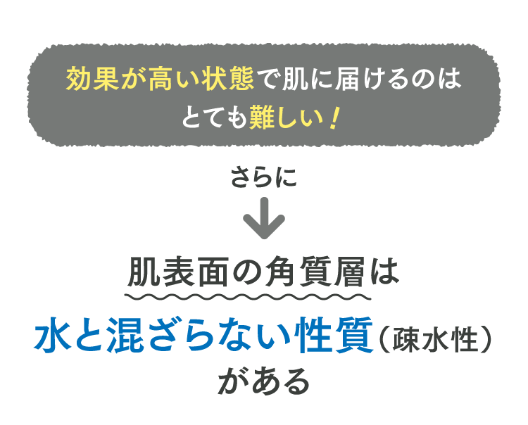 効果が高い状態で肌に届けるのはとても難しい！さらに肌表面の角質層は水と混ざらない性質（疎水性）がある