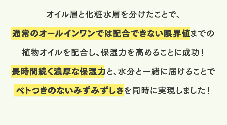 １日中続く濃厚な保湿力と、水分と一緒に届けることでベトつきのないみずみずしさを同時に実現しました！