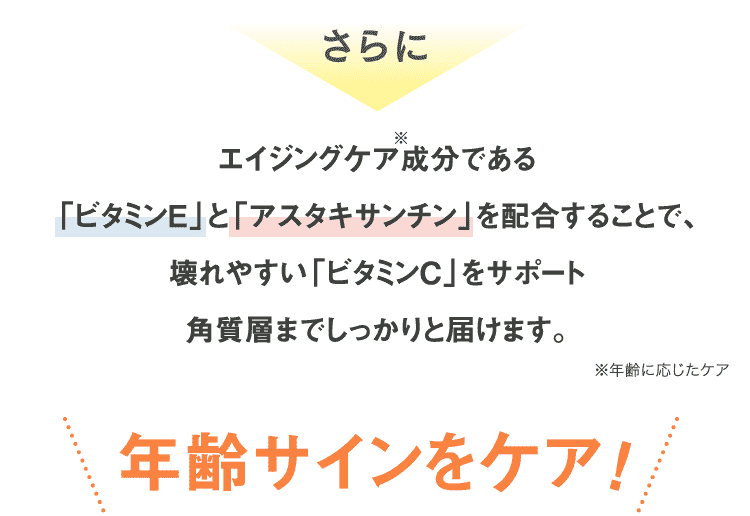 さらに若返りビタミンと呼ばれる「ビタミンE」と「アスタキサンチン」を配合することで、壊れやすい「ビタミンC」をサポート肌の奥までしっかりと届けます。