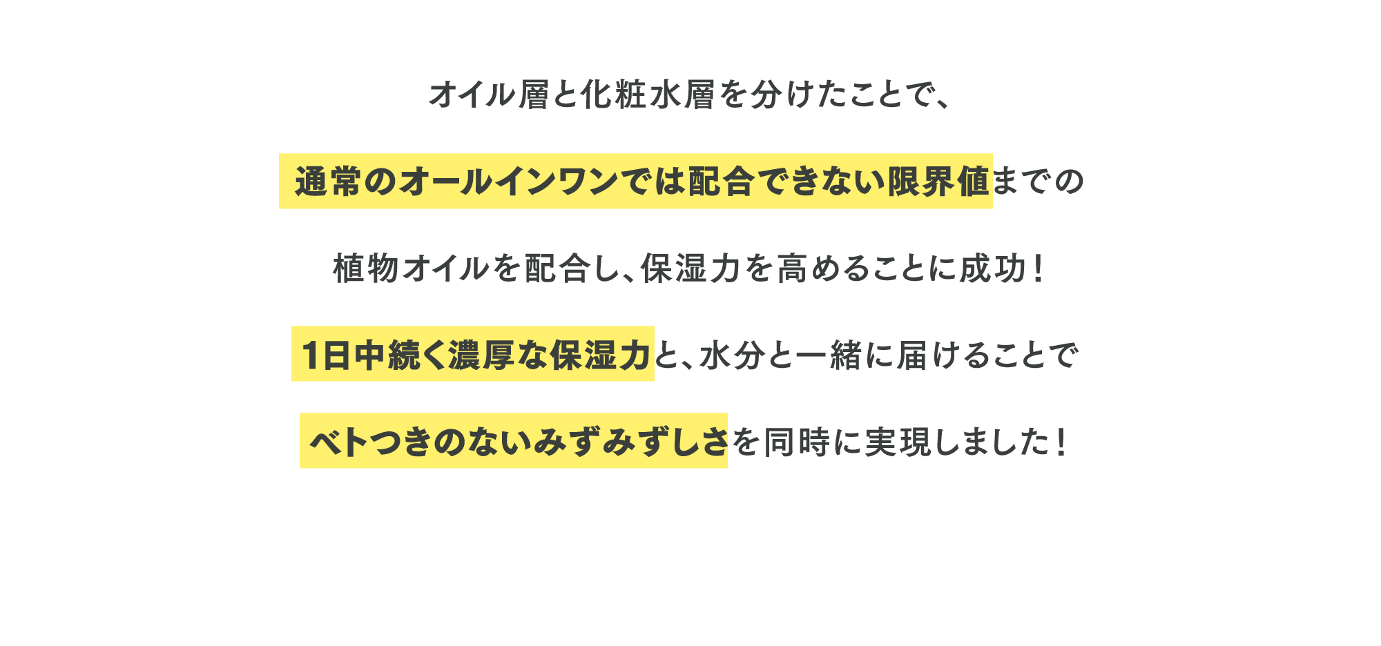 １日中続く濃厚な保湿力と、水分と一緒に届けることでベトつきのないみずみずしさを同時に実現しました！