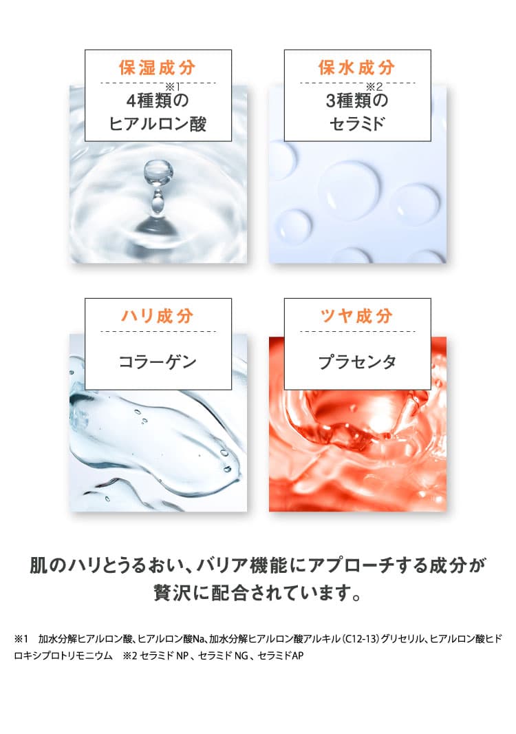 肌のハリとうるおい、バリア機能までも高める成分が贅沢に配合されています。