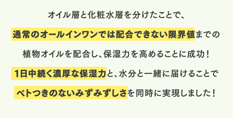 １日中続く濃厚な保湿力と、水分と一緒に届けることでベトつきのないみずみずしさを同時に実現しました！